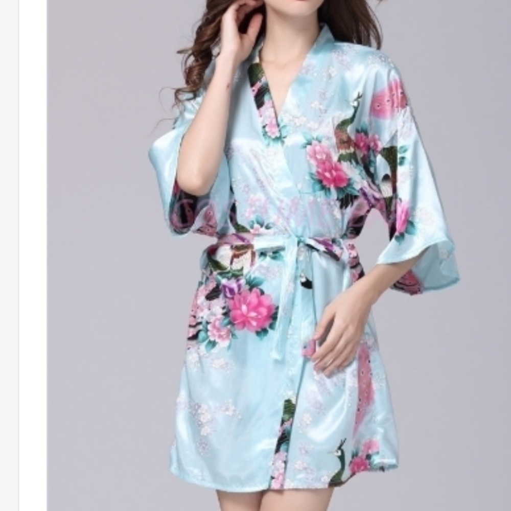 Silky Floral Asian Inspired Satin Kimono peacock bird print blue pink Bridal OS